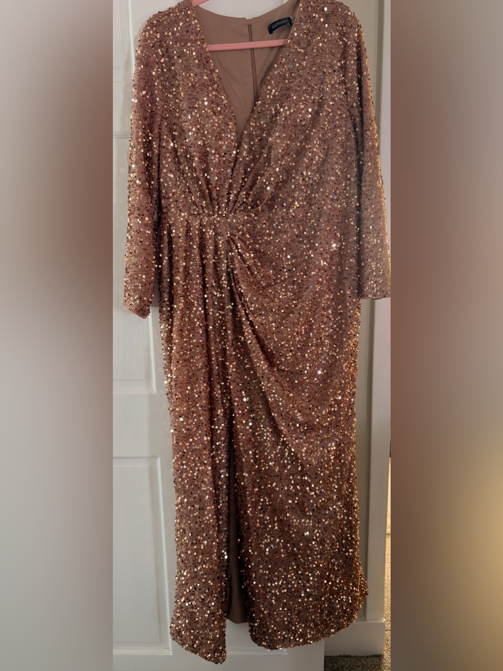 Sequin V-Neck Twist Front Evening Dress - Rose Gold